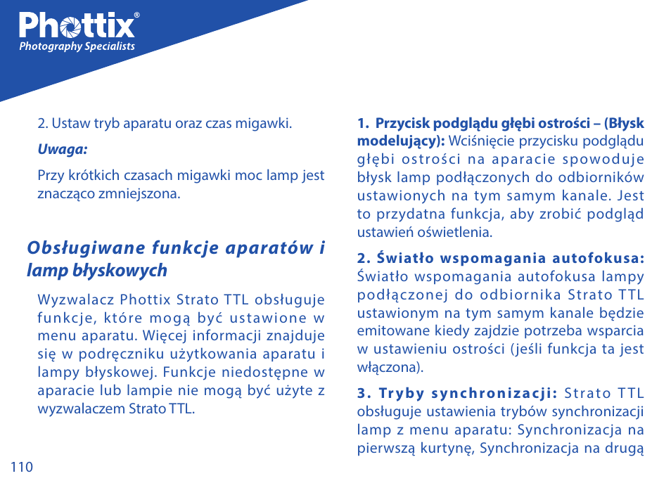Obsługiwane funkcje aparatów i lamp błyskowych | Phottix Strato TTL for Canon User Manual | Page 110 / 167