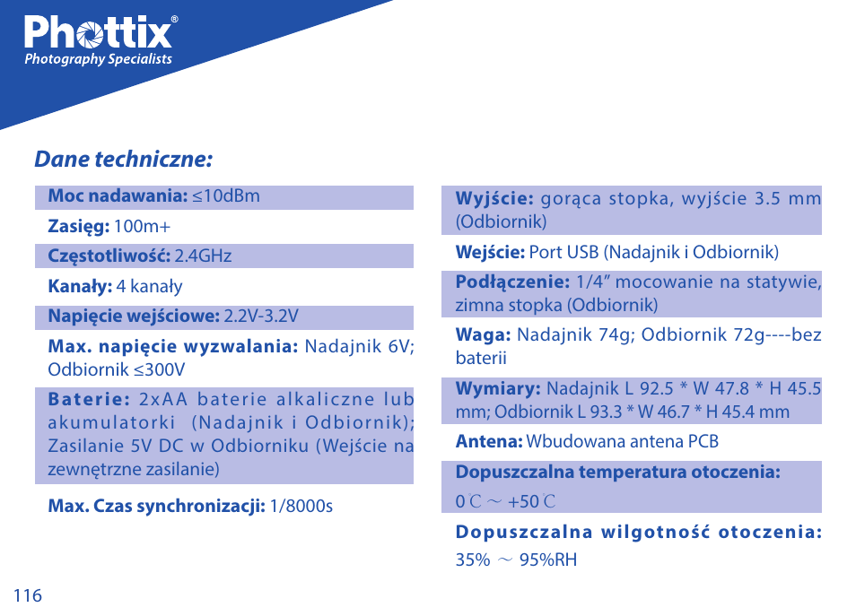 Dane techniczne | Phottix Strato TTL for Canon User Manual | Page 116 / 167