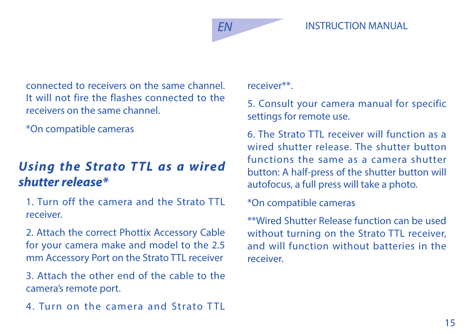 Using the strato ttl as a wired shutter release | Phottix Strato TTL for Canon User Manual | Page 15 / 167