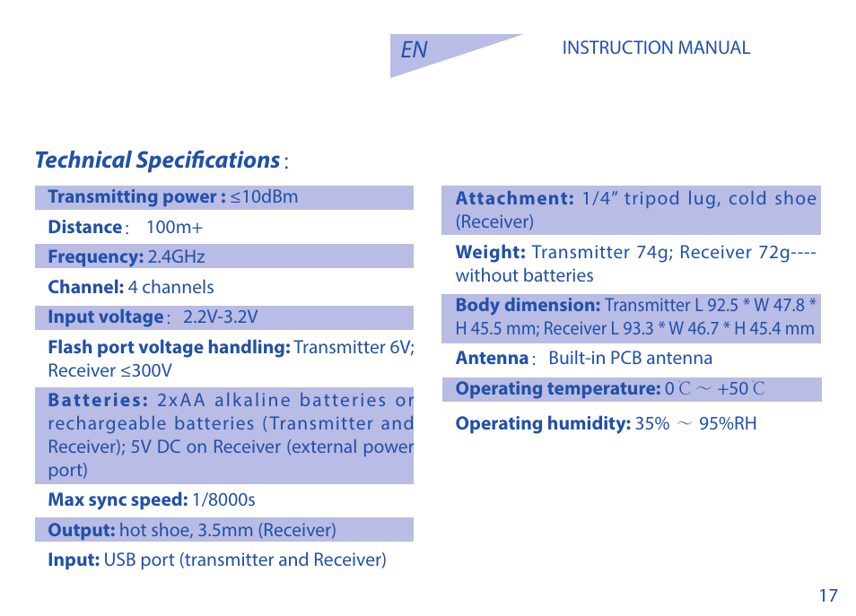 En technical specifications | Phottix Strato TTL for Canon User Manual | Page 17 / 167