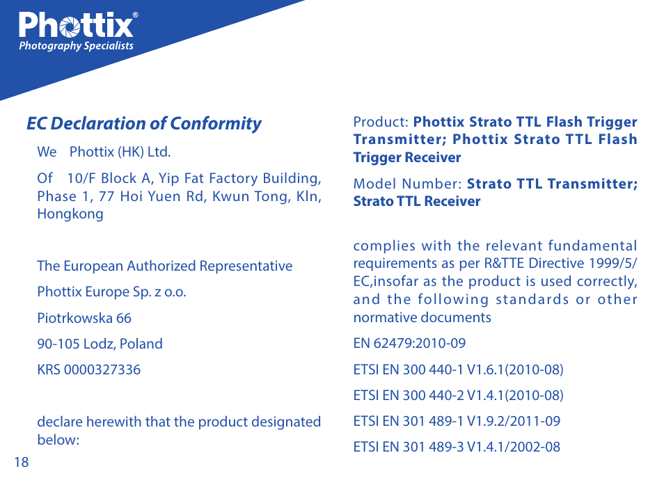 Ec declaration of conformity | Phottix Strato TTL for Canon User Manual | Page 18 / 167