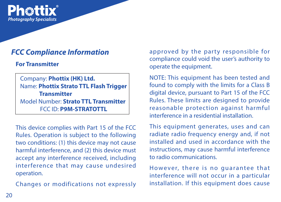 Fcc compliance information | Phottix Strato TTL for Canon User Manual | Page 20 / 167