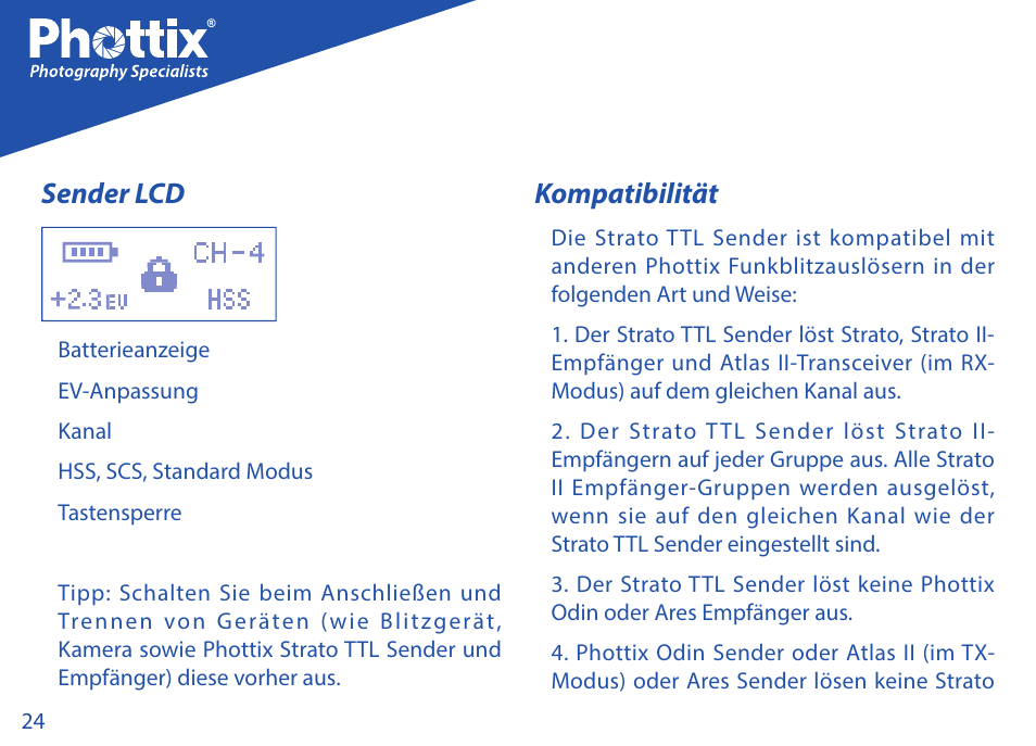 Sender lcd, Kompatibilität | Phottix Strato TTL for Canon User Manual | Page 24 / 167