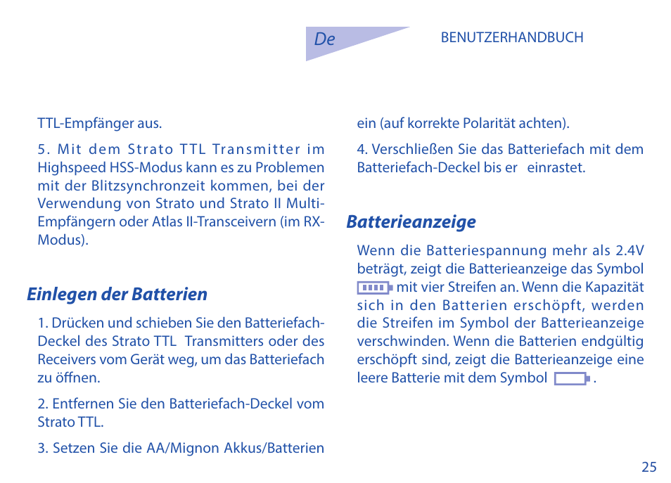 Einlegen der batterien, Batterieanzeige | Phottix Strato TTL for Canon User Manual | Page 25 / 167