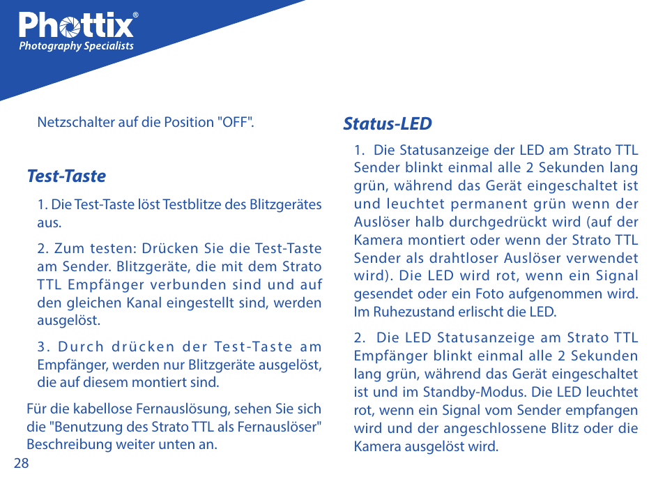 Test-taste, Status-led | Phottix Strato TTL for Canon User Manual | Page 28 / 167