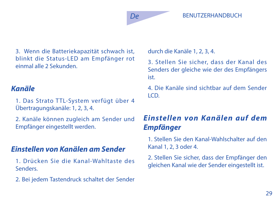 Kanäle, Einstellen von kanälen am sender, Einstellen von kanälen auf dem empfänger | Phottix Strato TTL for Canon User Manual | Page 29 / 167