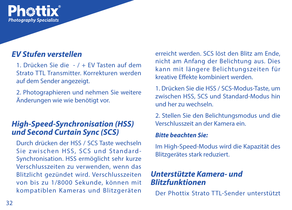 Ev stufen verstellen, Unterstützte kamera- und blitzfunktionen | Phottix Strato TTL for Canon User Manual | Page 32 / 167
