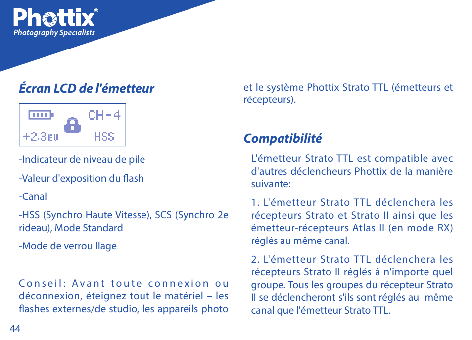 Écran lcd de l'émetteur, Compatibilité | Phottix Strato TTL for Canon User Manual | Page 44 / 167