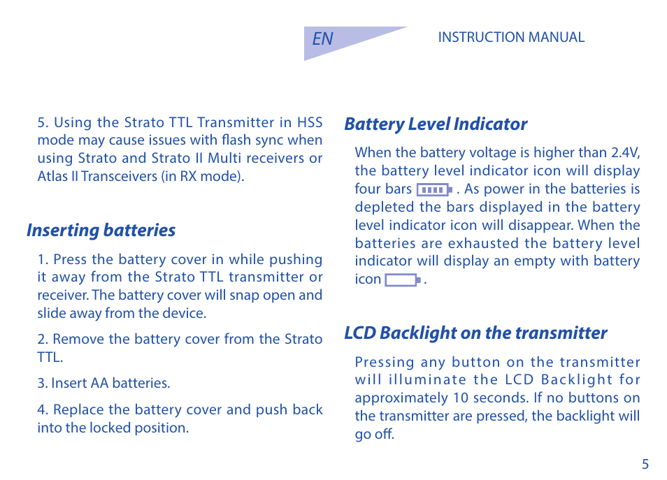 Inserting batteries, Battery level indicator, Lcd backlight on the transmitter | Phottix Strato TTL for Canon User Manual | Page 5 / 167
