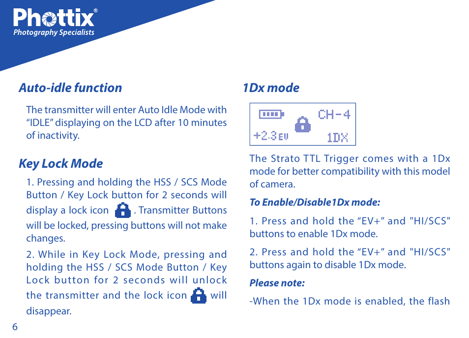 Auto-idle function, Key lock mode, 1dx mode | Phottix Strato TTL for Canon User Manual | Page 6 / 167