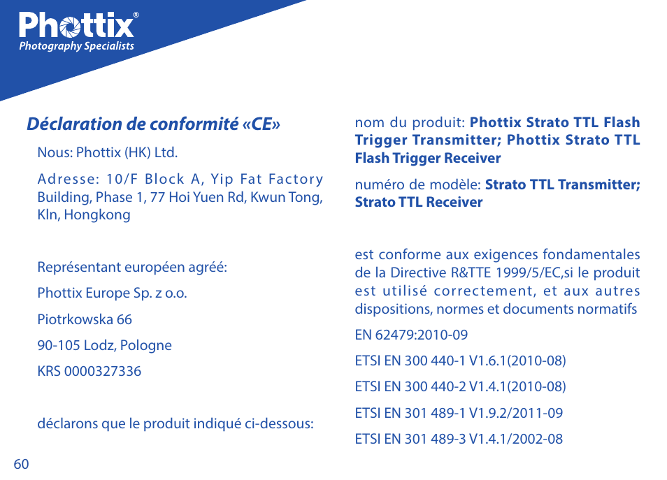 Déclaration de conformité «ce | Phottix Strato TTL for Canon User Manual | Page 60 / 167