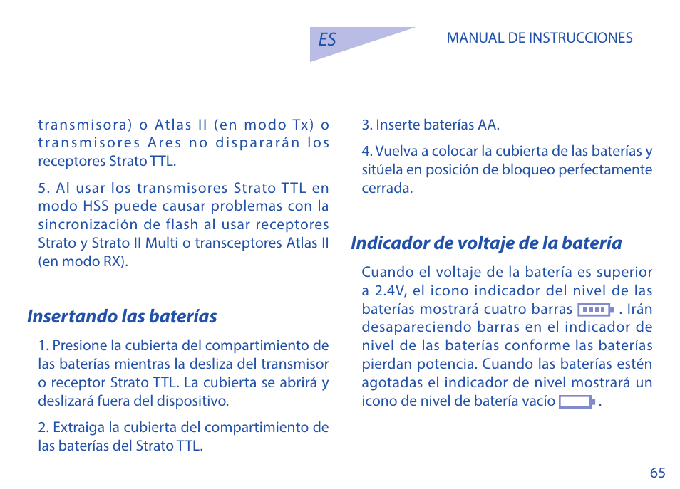 Insertando las baterías, Indicador de voltaje de la batería | Phottix Strato TTL for Canon User Manual | Page 65 / 167