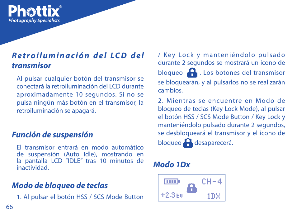 Retroiluminación del lcd del transmisor, Función de suspensión, Modo de bloqueo de teclas | Modo 1dx | Phottix Strato TTL for Canon User Manual | Page 66 / 167