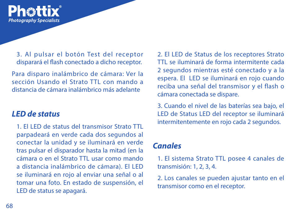 Led de status, Canales | Phottix Strato TTL for Canon User Manual | Page 68 / 167