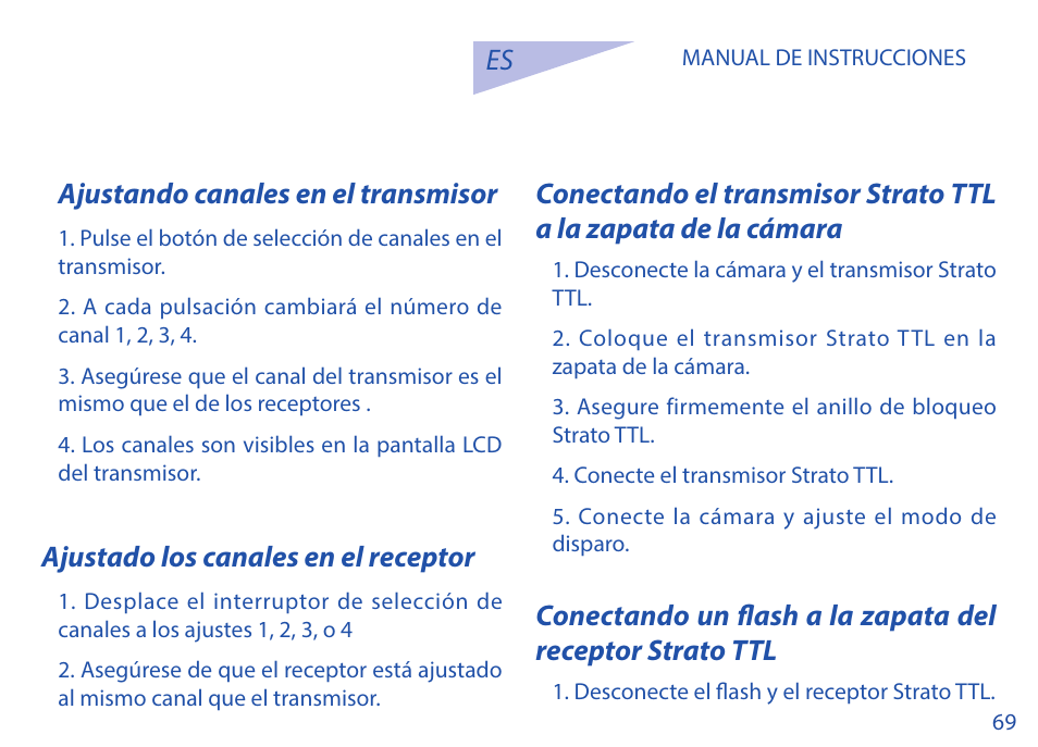 Es ajustando canales en el transmisor, Ajustado los canales en el receptor | Phottix Strato TTL for Canon User Manual | Page 69 / 167