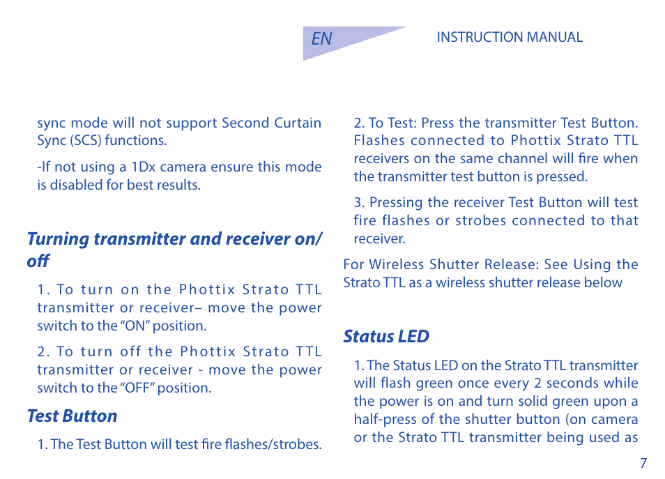 Turning transmitter and receiver on/ off, Test button, Status led | Phottix Strato TTL for Canon User Manual | Page 7 / 167