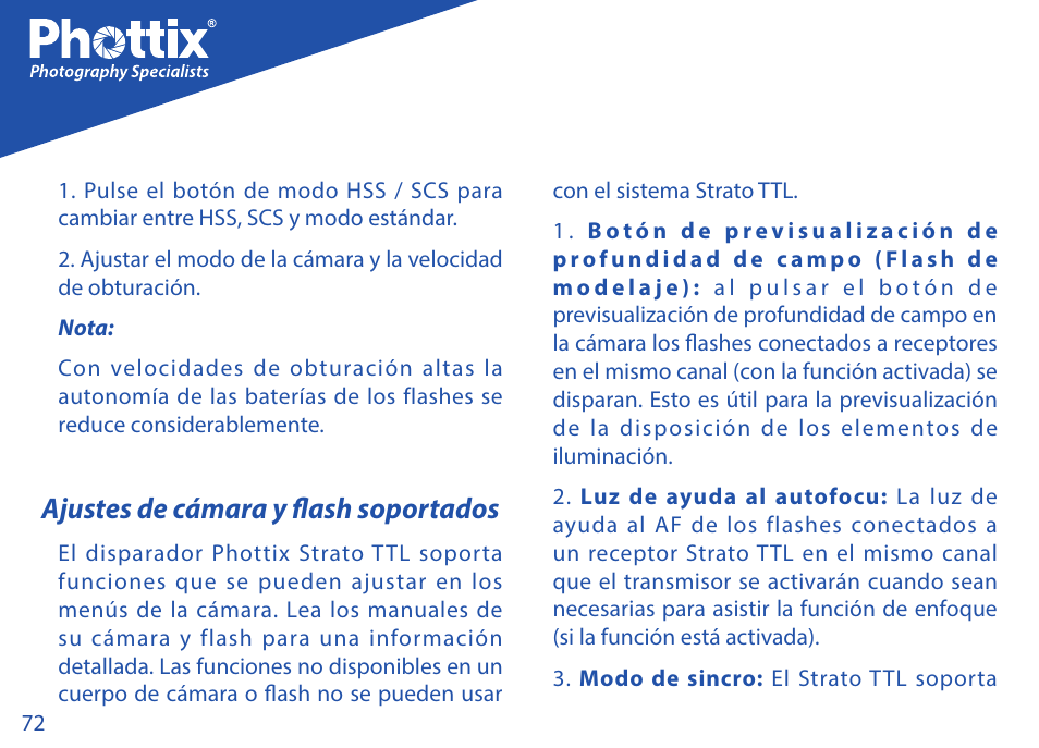 Ajustes de cámara y flash soportados | Phottix Strato TTL for Canon User Manual | Page 72 / 167