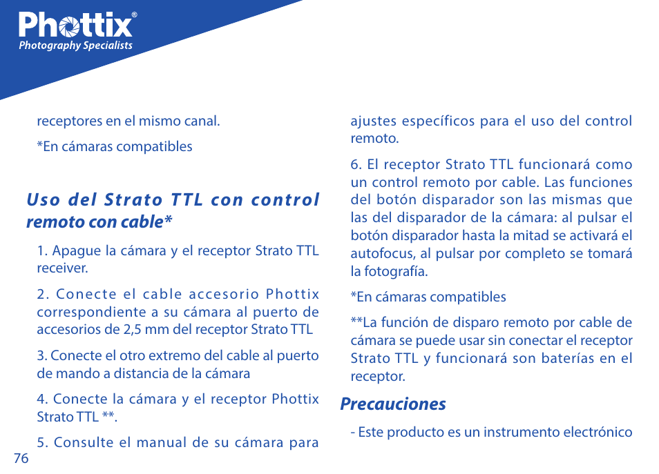 Uso del strato ttl con control remoto con cable, Precauciones | Phottix Strato TTL for Canon User Manual | Page 76 / 167