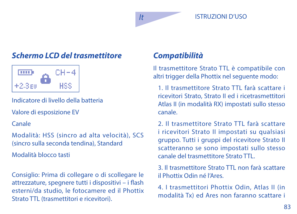 It schermo lcd del trasmettitore, Compatibilità | Phottix Strato TTL for Canon User Manual | Page 83 / 167
