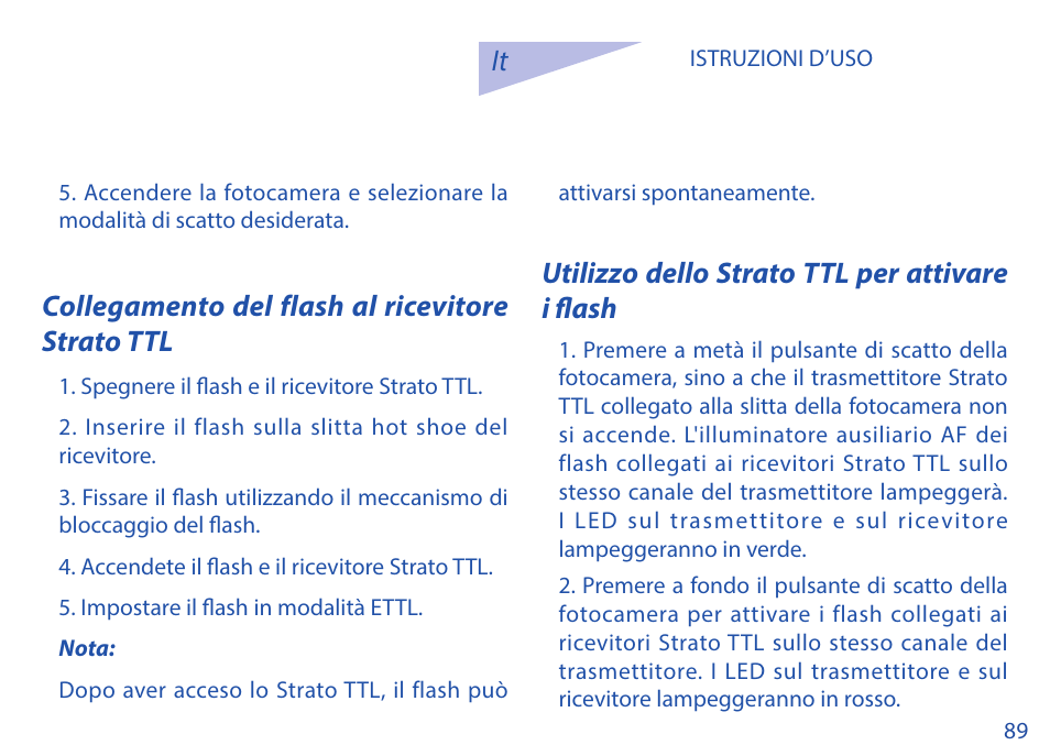 Collegamento del flash al ricevitore strato ttl, Utilizzo dello strato ttl per attivare i flash | Phottix Strato TTL for Canon User Manual | Page 89 / 167