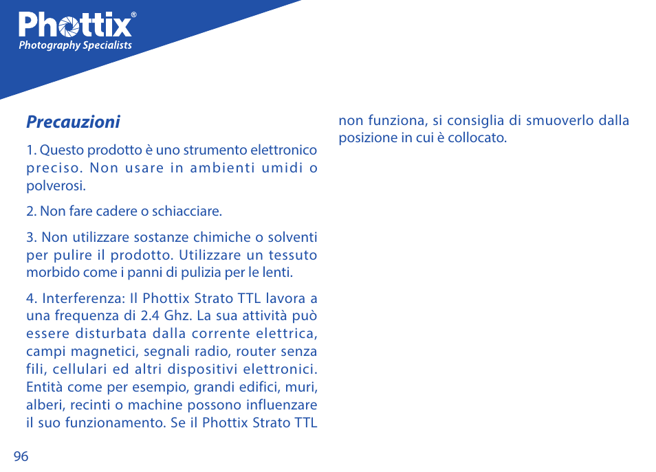 Precauzioni | Phottix Strato TTL for Canon User Manual | Page 96 / 167