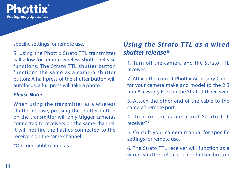 Using the strato ttl as a wired shutter release | Phottix Strato TTL for Nikon User Manual | Page 14 / 160