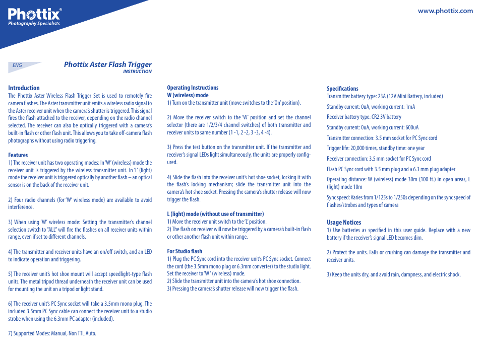 Phottix Aster User Manual | 2 pages