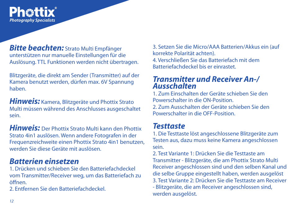 Bitte beachten, Hinweis, Batterien einsetzen | Transmitter und receiver an-/ ausschalten, Testtaste | Phottix Strato II Multi User Manual | Page 12 / 70