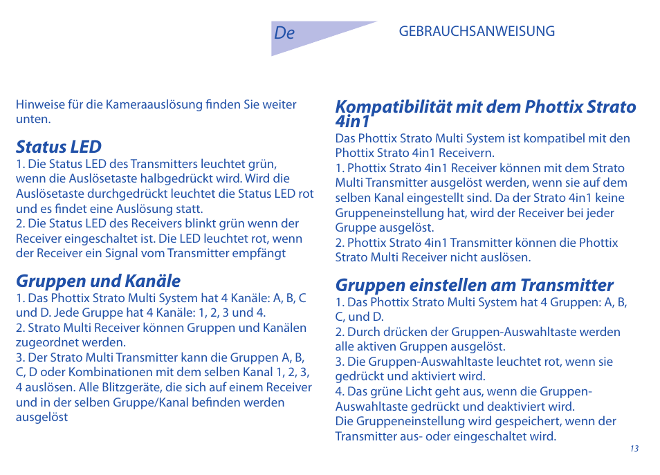Status led, Gruppen und kanäle, Kompatibilität mit dem phottix strato 4in1 | Gruppen einstellen am transmitter | Phottix Strato II Multi User Manual | Page 13 / 70