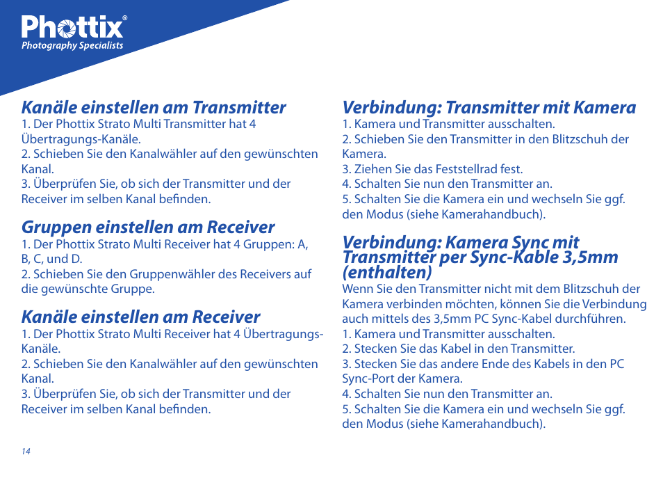 Kanäle einstellen am transmitter, Gruppen einstellen am receiver, Kanäle einstellen am receiver | Verbindung: transmitter mit kamera | Phottix Strato II Multi User Manual | Page 14 / 70