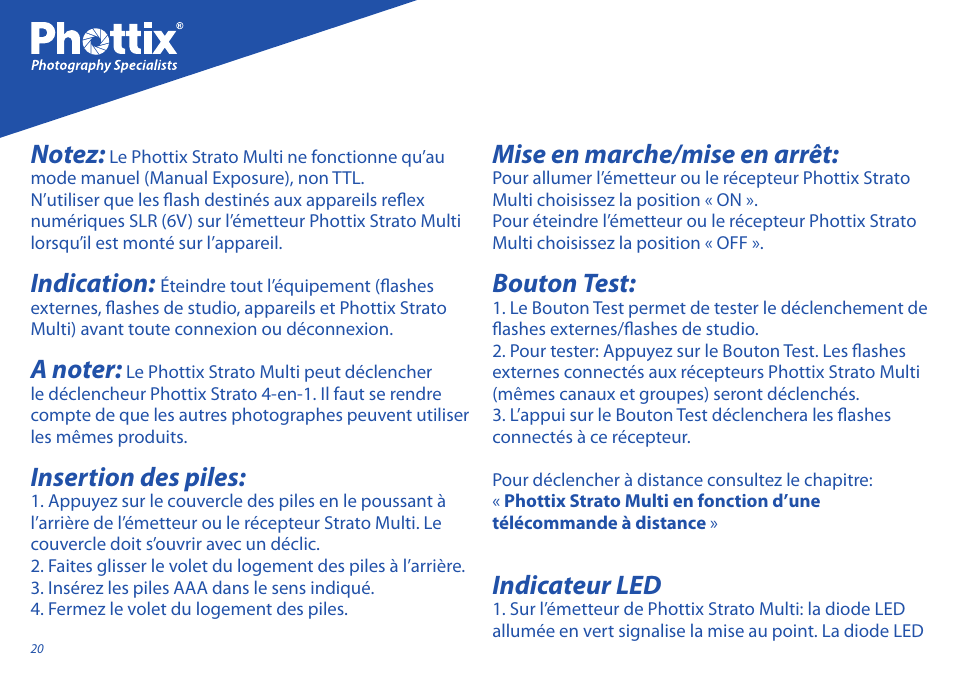 Indication, Insertion des piles, Mise en marche/mise en arrêt | Bouton test, Indicateur led | Phottix Strato II Multi User Manual | Page 20 / 70