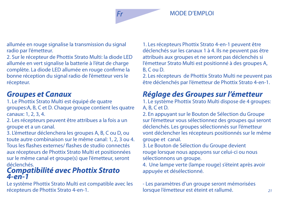 Groupes et canaux, Compatibilité avec phottix strato 4-en-1, Réglage des groupes sur l’émetteur | Phottix Strato II Multi User Manual | Page 21 / 70