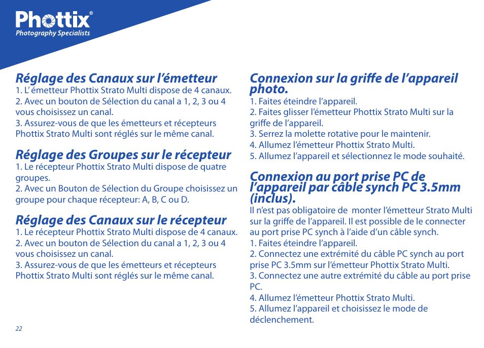 Réglage des canaux sur l’émetteur, Réglage des groupes sur le récepteur, Réglage des canaux sur le récepteur | Connexion sur la griffe de l’appareil photo | Phottix Strato II Multi User Manual | Page 22 / 70