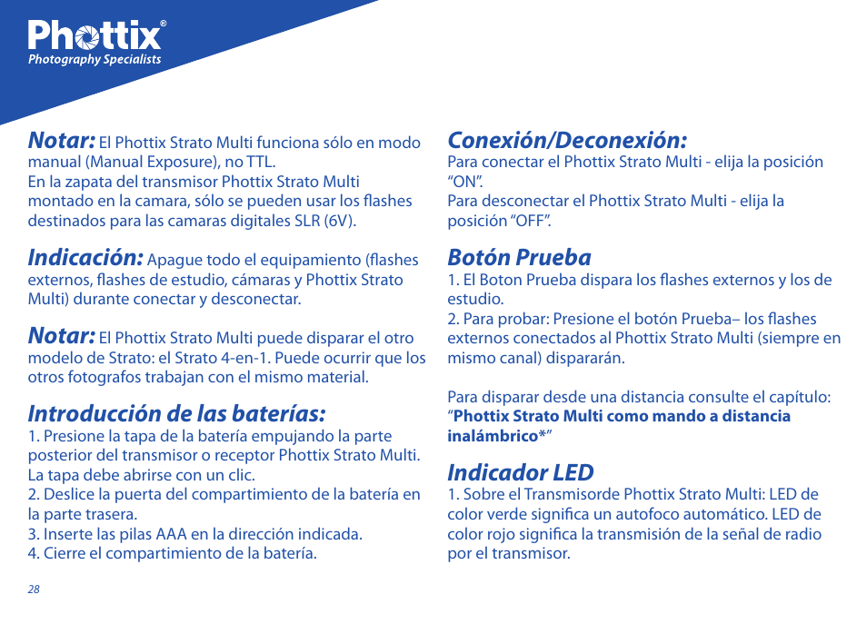 Notar, Indicación, Introducción de las baterías | Conexión/deconexión, Botón prueba, Indicador led | Phottix Strato II Multi User Manual | Page 28 / 70