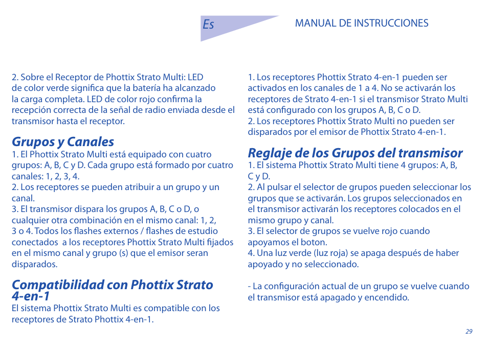 Grupos y canales, Compatibilidad con phottix strato 4-en-1, Reglaje de los grupos del transmisor | Phottix Strato II Multi User Manual | Page 29 / 70