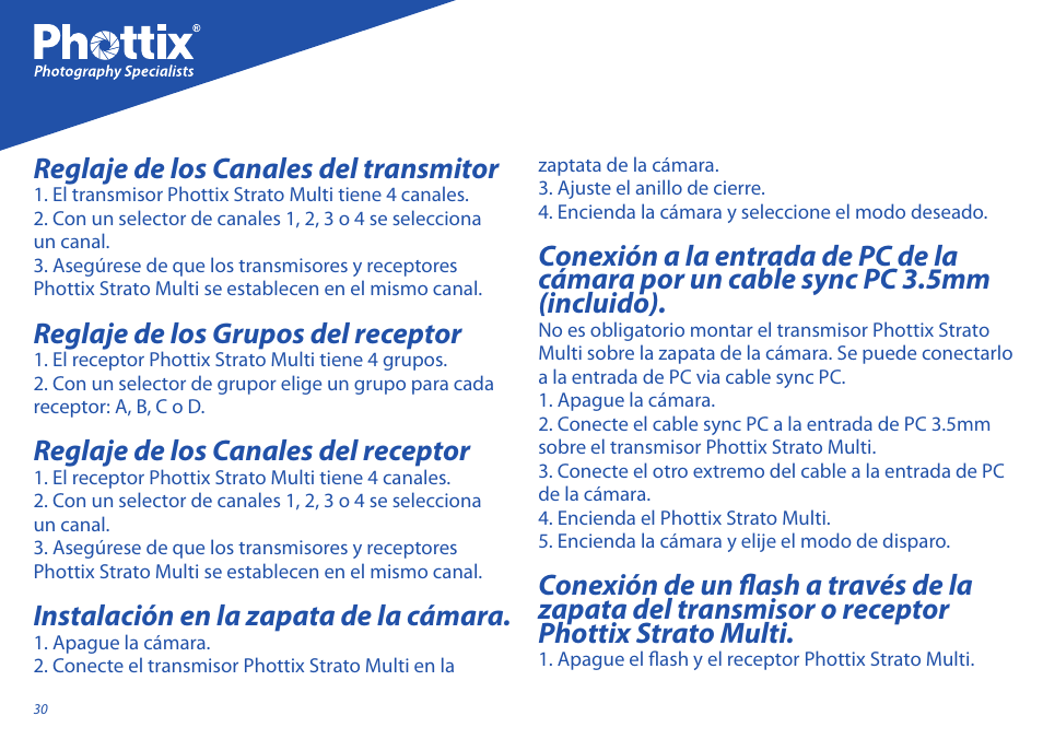Reglaje de los canales del transmitor, Reglaje de los grupos del receptor, Reglaje de los canales del receptor | Instalación en la zapata de la cámara | Phottix Strato II Multi User Manual | Page 30 / 70