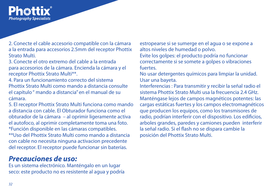 Precauciones de uso | Phottix Strato II Multi User Manual | Page 32 / 70
