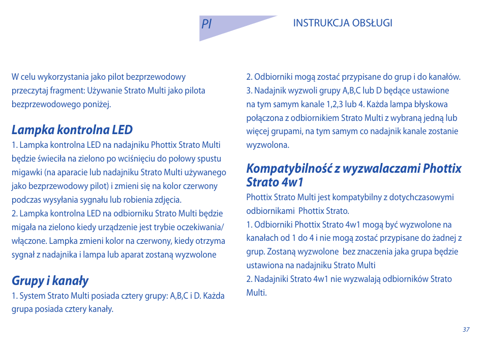 Lampka kontrolna led, Grupy i kanały, Kompatybilność z wyzwalaczami phottix strato 4w1 | Phottix Strato II Multi User Manual | Page 37 / 70