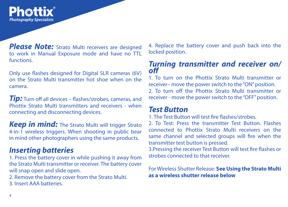 Keep in mind, Inserting batteries, Turning transmitter and receiver on/ off | Test button | Phottix Strato II Multi User Manual | Page 4 / 70