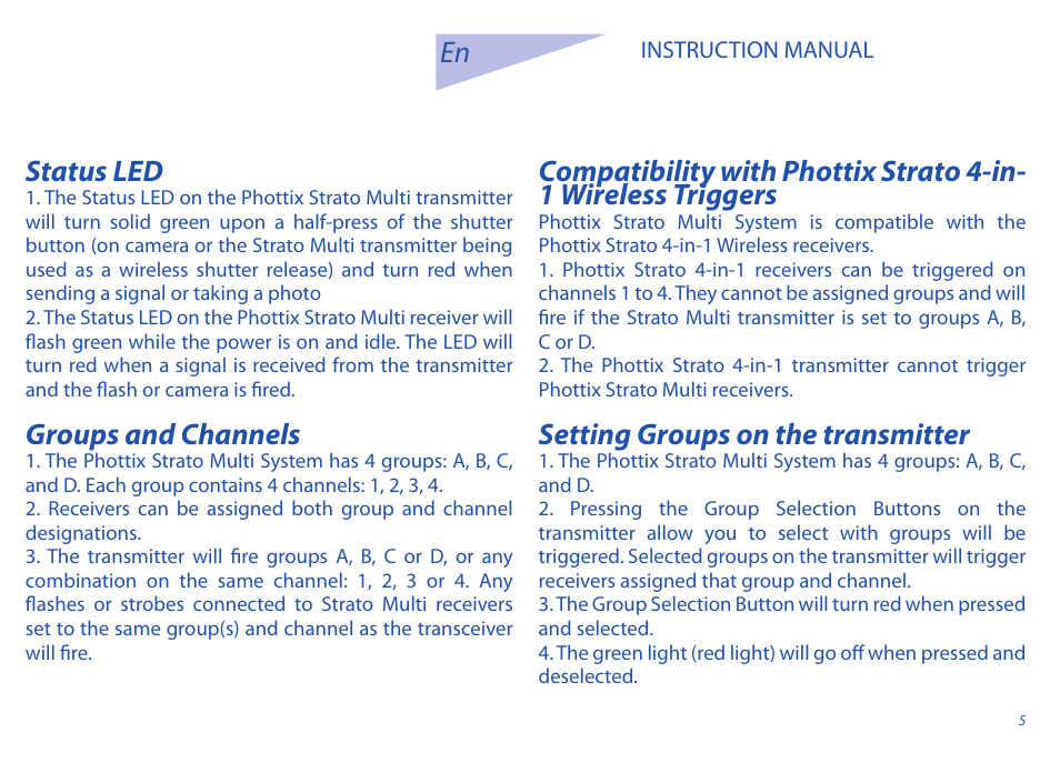 Status led, Groups and channels, Setting groups on the transmitter | Phottix Strato II Multi User Manual | Page 5 / 70