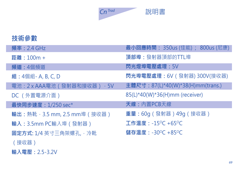 技術參數 | Phottix Strato II Multi User Manual | Page 69 / 70