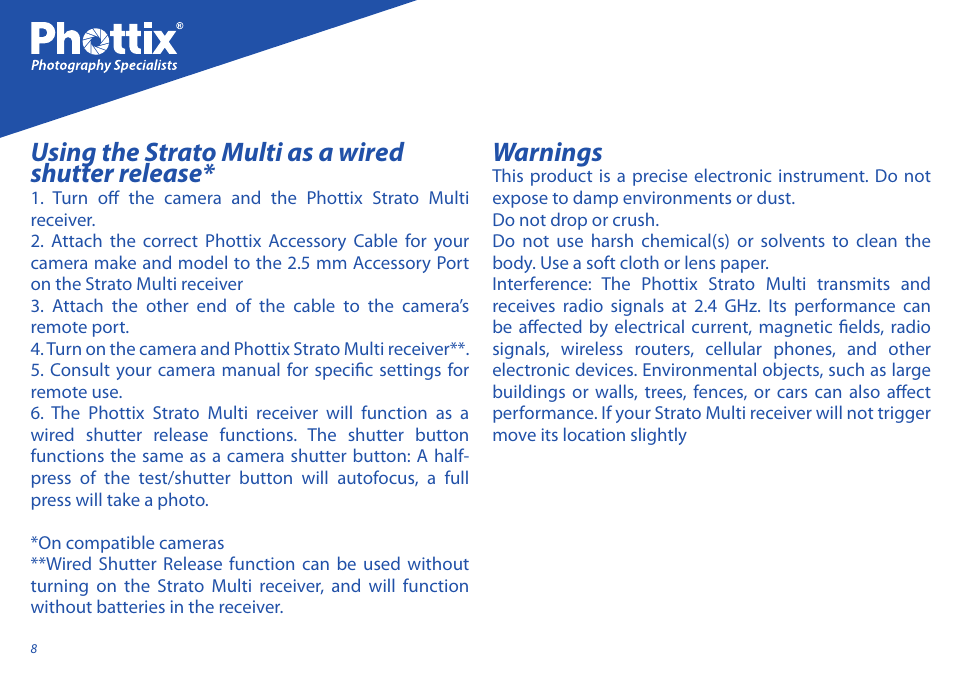 Using the strato multi as a wired shutter release, Warnings | Phottix Strato II Multi User Manual | Page 8 / 70