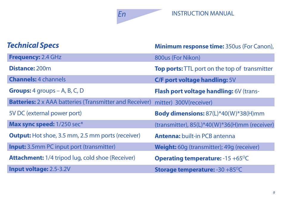 Technical specs | Phottix Strato II Multi User Manual | Page 9 / 70