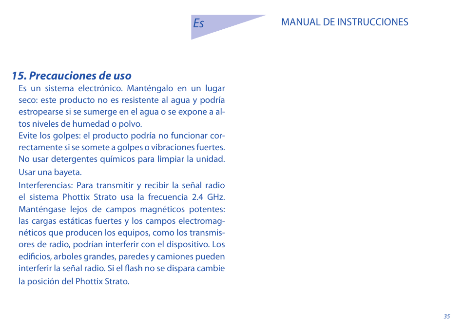 Precauciones de uso | Phottix Strato User Manual | Page 35 / 80