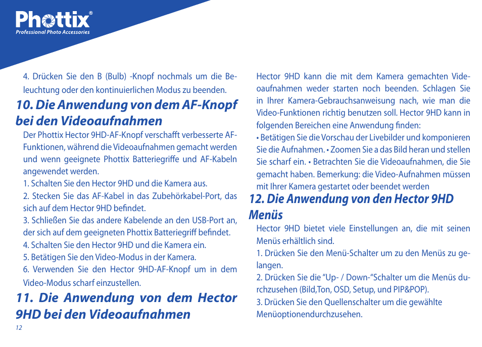 Die anwendung von den hector 9hd menüs | Phottix Hector 9HD User Manual | Page 12 / 58