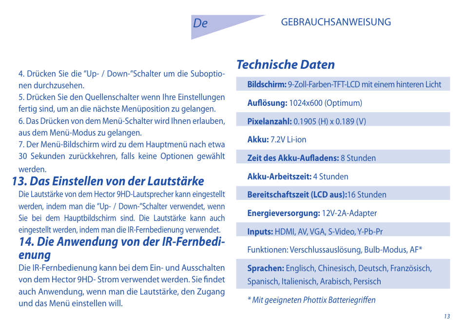 Das einstellen von der lautstärke, Die anwendung von der ir-fernbedi- enung, Technische daten | Phottix Hector 9HD User Manual | Page 13 / 58