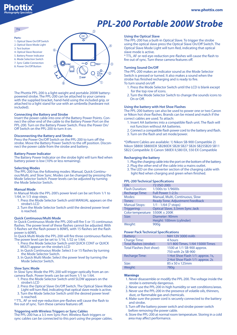 Phottix PPL-200 Strobe User Manual | 2 pages