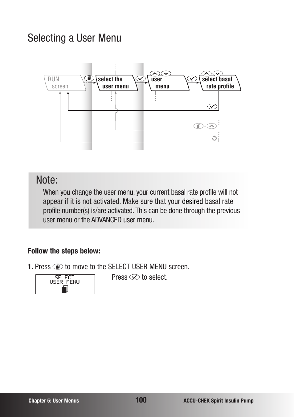 Selecting a user menu | Accu-Chek insulin pump User Manual | Page 101 / 200