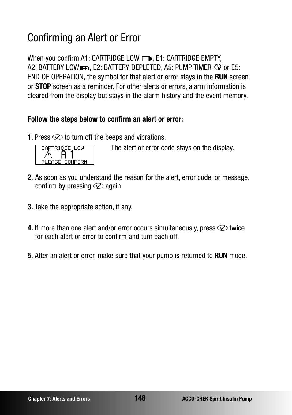 Confirming an alert or error | Accu-Chek insulin pump User Manual | Page 149 / 200