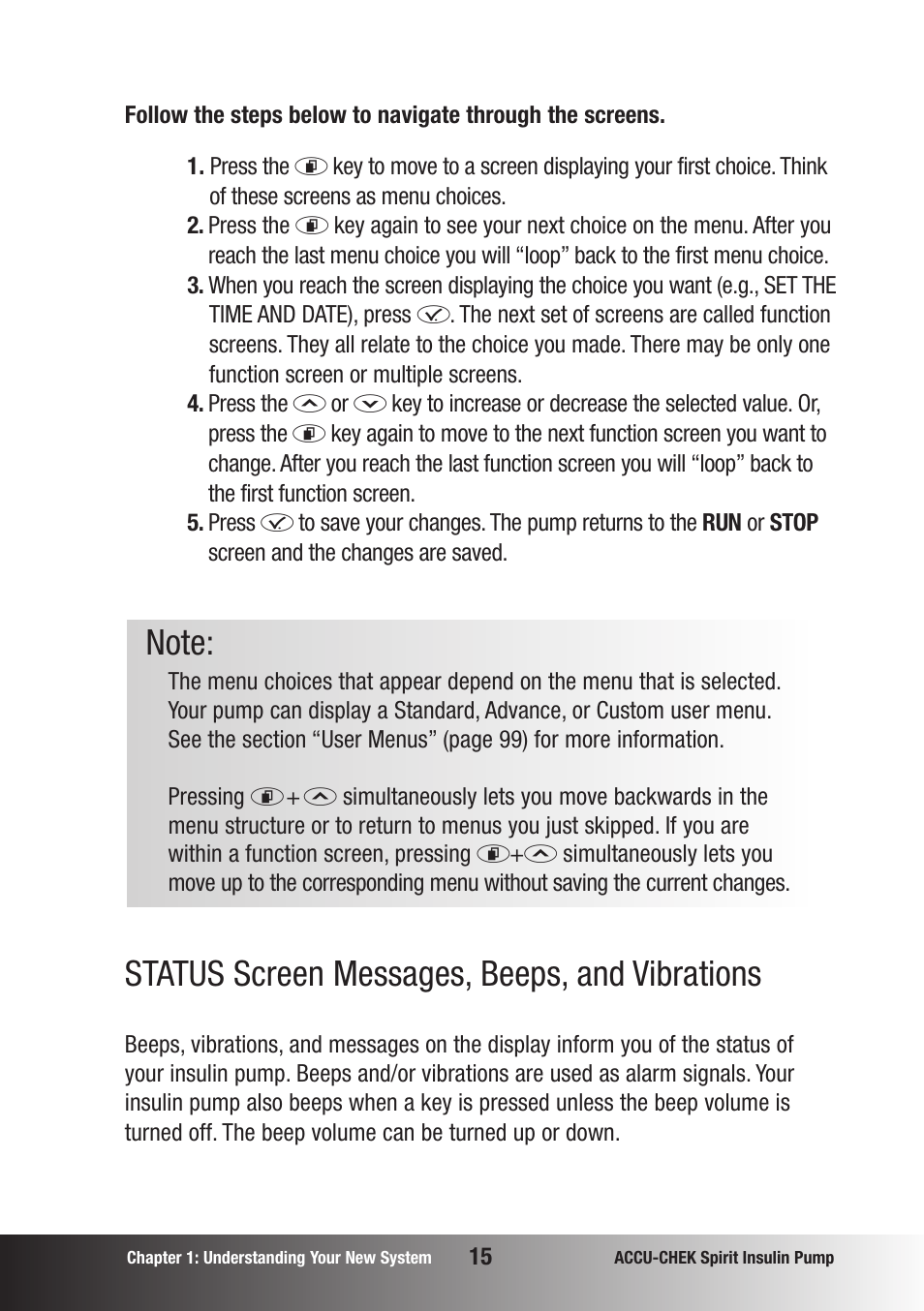 Status screen messages, beeps, and vibrations | Accu-Chek insulin pump User Manual | Page 16 / 200